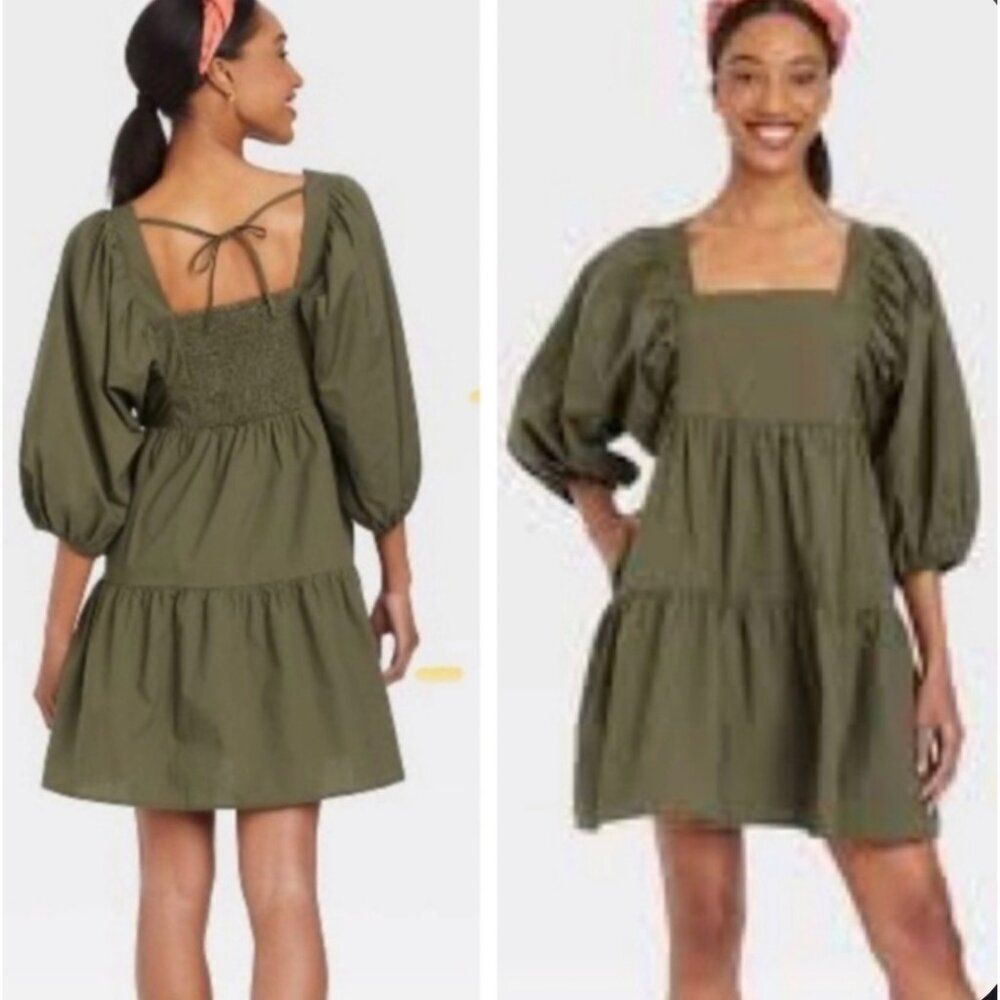 A New Day Women’s Olive Green Puff Sleeve Mini Dress Size M